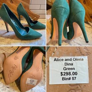Alice + Olivia by Stacey Bendet Green Suede Dina Heels NWOT $298 37.5 sz7